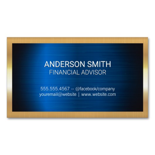 goudmetaal-Lijst | Blue Metal Achtergrond Zakelijk Magnetisch Visitekaartje (Voorkant)