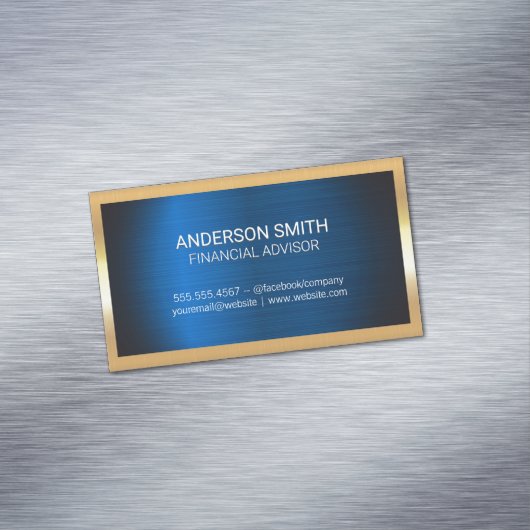 goudmetaal-Lijst | Blue Metal Achtergrond Zakelijk Magnetisch Visitekaartje (Voorbeeld)