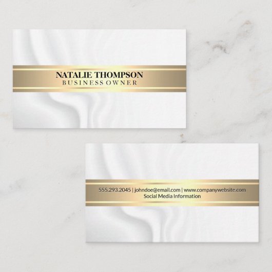 goudmetaalstaaf | Witte zijden draperie Visitekaartje (Voorkant / Achterkant)