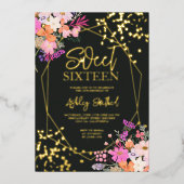 Goudmoderne griepflorale waterverf Sweet 16 Folie Uitnodiging (Voorkant)