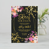 Goudmoderne griepflorale waterverf Sweet 16 Folie Uitnodiging (Staand Voorkant)