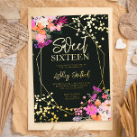 Goudmoderne griepflorale waterverf Sweet 16 Folie Uitnodiging<br><div class="desc">Een kikkerveer,  zomerroze,  paarse en oranje florale waterverf en echte gouden folie confetti typografie Sweet 16 verjaardag met handbeschilderde bloemen,  groene waterverf bladtakken met gouden geometrische terrariumlijst op een donkere achtergrond,  perfect voor alle seizoensverjaardagsfeestjes,  voeg je foto aan de achterkant toe</div>