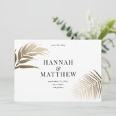 Goudmoderne, minimale botanische tropische bruilof save the date (Staand voorkant)
