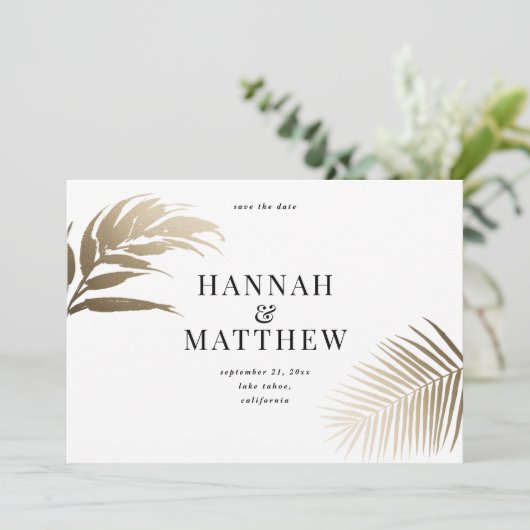 Goudmoderne, minimale botanische tropische bruilof save the date (Staand voorkant)