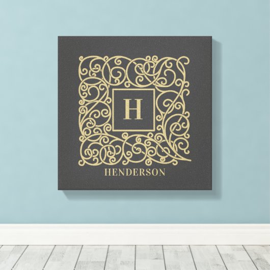 Goudmonogram op maat van familienaam canvas afdruk (Insitu (Houten vloer))
