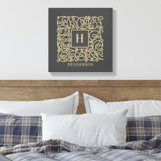 Goudmonogram op maat van familienaam canvas afdruk (Insitu (Slaapkamer))