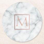 goudmonogram van elegant roos op witte marmer ronde kartonnen onderzetter (Voorkant)