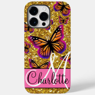 Goudmousserende glitter, oranje roze vlinder Case-Mate iPhone 14 pro max hoesje