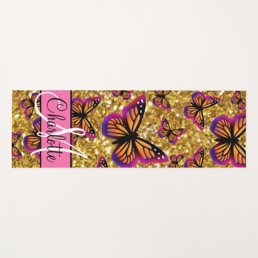 Goudmousserende glitter, oranje roze vlinder yogamat (Voorkant (horizontaal))