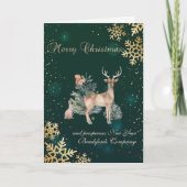 goudneeuwvlokken, pijnbomen, rendieren feestdagen kaart (Voorkant)