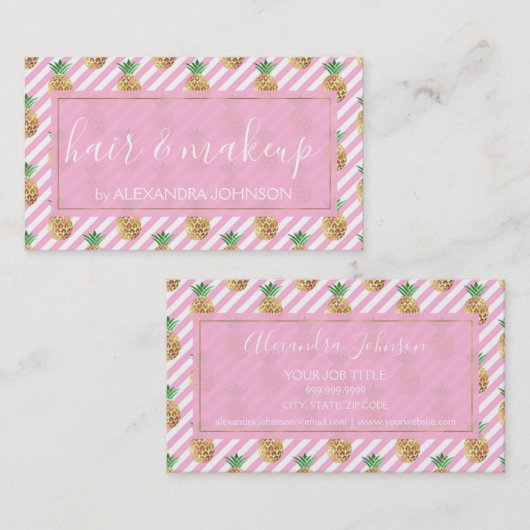 Goudolie anananas en roze en witte strepen visitekaartje (Voorkant / Achterkant)
