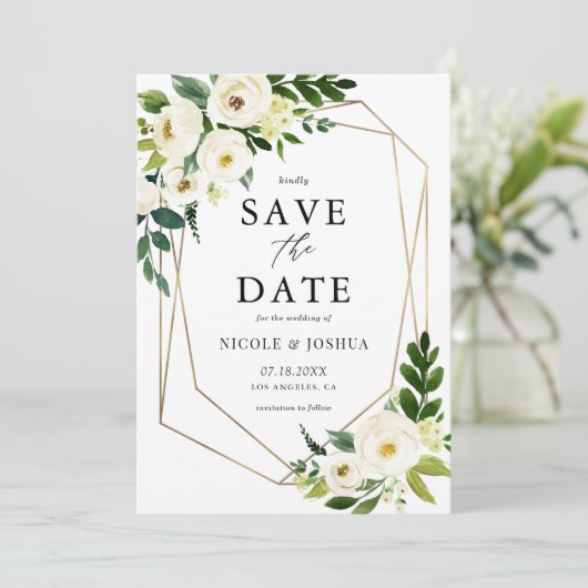 Goudolie Geometric White Floral Lijst Spring Save The Date (Staand voorkant)