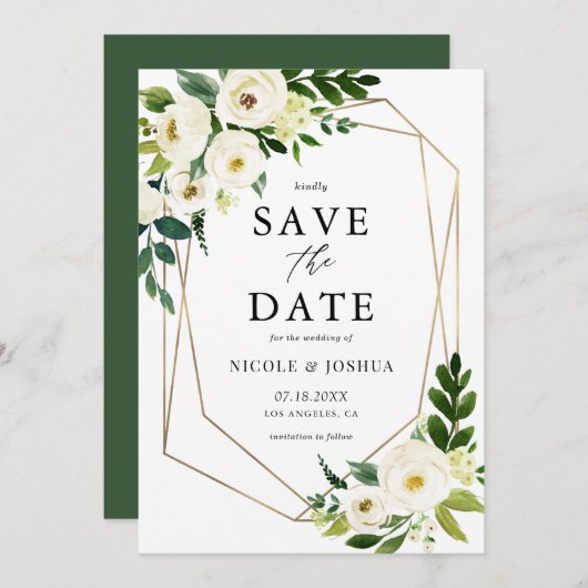 Goudolie Geometric White Floral Lijst Spring Save The Date (Voorkant / Achterkant)