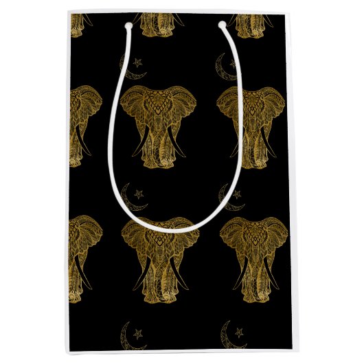 Goudolifant met zwarte cadeautas op achtergrond (Voorkant)