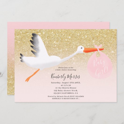 Goudooievaar afbeelding babymeisje douche kaart (Voorkant / Achterkant)