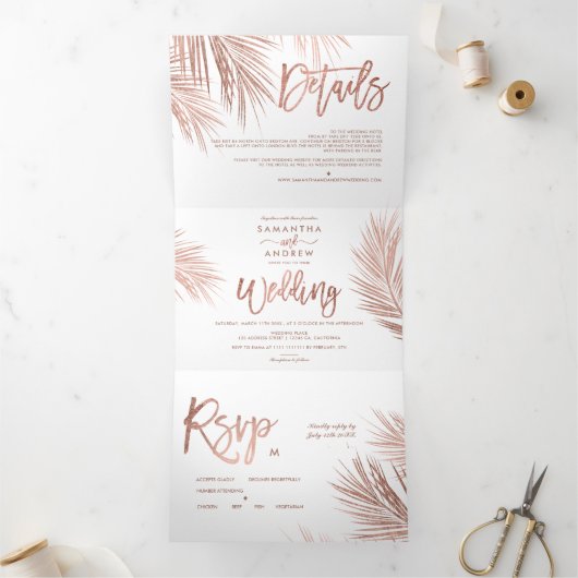 Goudpalmboom met goudmakreel van het moderne roos drieluik uitnodiging (Binnen)