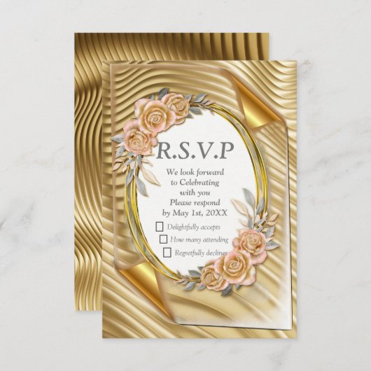 Goudpapier met legante Rozen RSVP Kaartje (Voorkant / Achterkant)