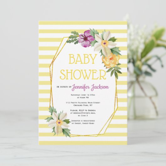 Goudpolygoon en bloemen baby gele douche kaart (Staand voorkant)