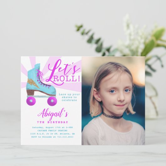  goudroller Skating Birthday Foto Kaart (Staand voorkant)