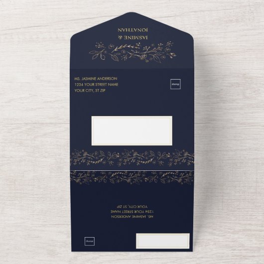 goudrondjes op marinesblauwe bruiloft | A All In One Uitnodiging (Buitenkant)