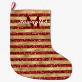Goudrood Glitter Stripes Monogram Grote Kerstsok (Voorkant)