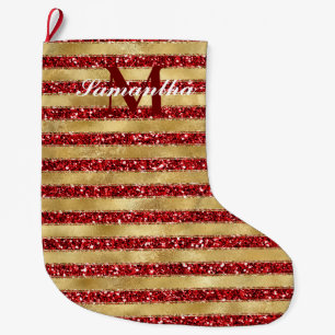 Goudrood Glitter Stripes Monogram Grote Kerstsok