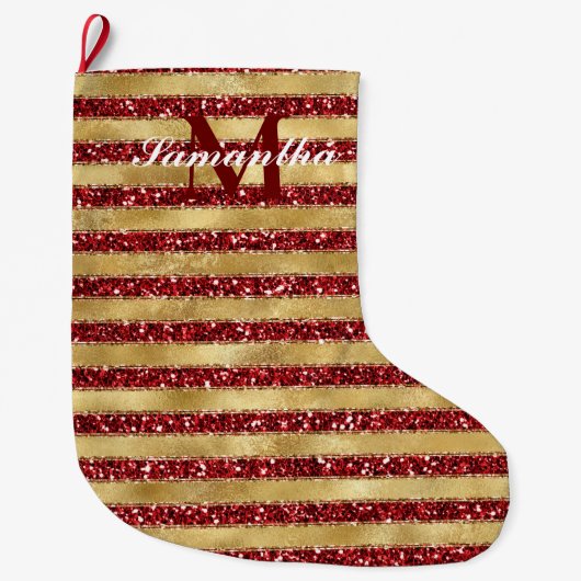 Goudrood Glitter Stripes Monogram Grote Kerstsok (Voorkant)