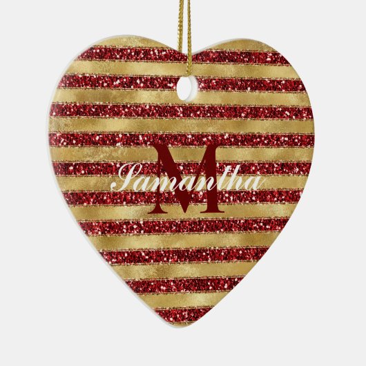Goudrood Glitter Stripes Monogram Keramisch Ornament (Rechts)