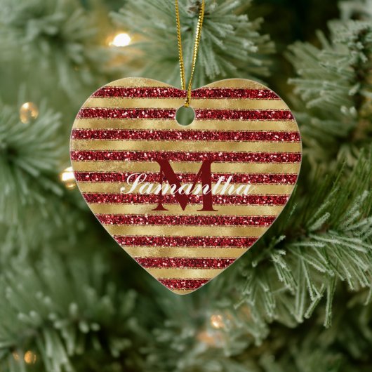 Goudrood Glitter Stripes Monogram Keramisch Ornament (Boom)