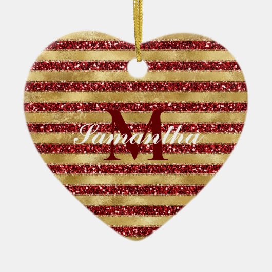 Goudrood Glitter Stripes Monogram Keramisch Ornament (Voorkant)