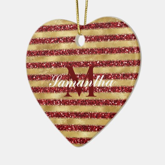 Goudrood Glitter Stripes Monogram Keramisch Ornament (Links)