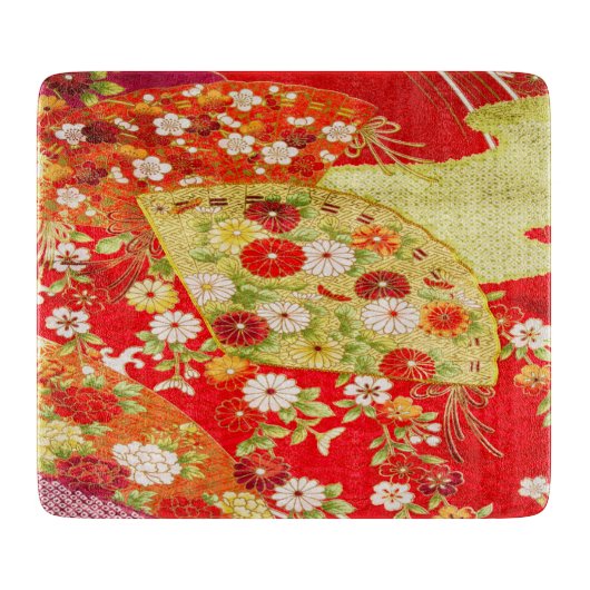 Goudrood Traditioneel Japans Bloemen Glas Snijplank (Voorkant)