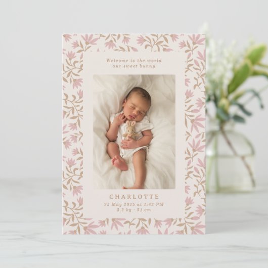 goudroze | baby geboorteaankondigingskaart kaart (Staand voorkant)