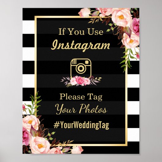 goudroze Floral Stripes | Instagram Weddenschap Poster (Voorkant)