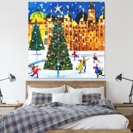 goudroze kerstwinter-ijsschaatsen canvas afdruk (Insitu (Slaapkamer))
