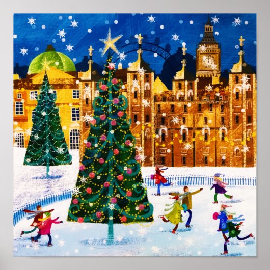 goudroze kerstwinter-ijsschaatsen poster (Voorkant)