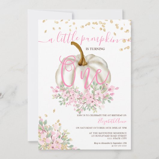 goudroze pompoen waterverf eerste verjaardag kaart (Voorkant)