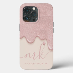 Goudroze Tan Glitter Drip Monogram en Naam Case-Mate iPhone Case