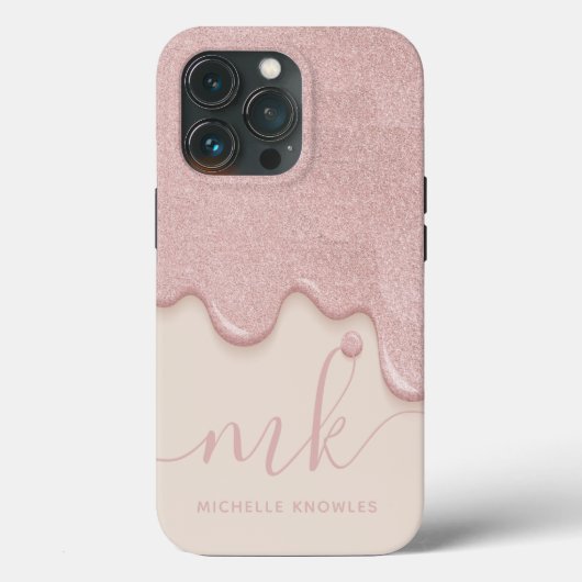 Goudroze Tan Glitter Drip Monogram en Naam Case-Mate iPhone Case (Achterkant)