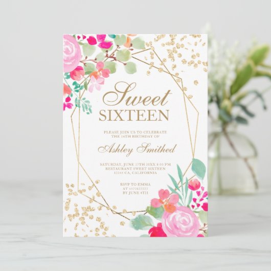 Goudroze waterverf met roze bloem 16 kaart (Staand voorkant)