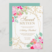 Goudroze waterverf met roze bloem 16 kaart (Voorkant / Achterkant)