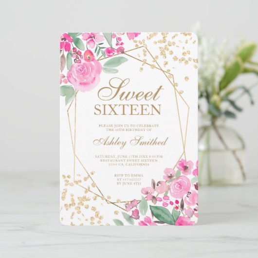 Goudroze waterverf met roze bloem 16 kaart (Staand voorkant)