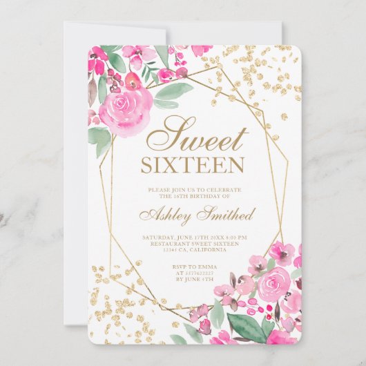 Goudroze waterverf met roze bloem 16 kaart (Voorkant)