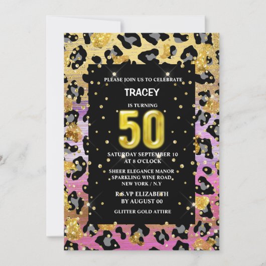 Goudroze zwart oerwoud glitter 50th kaart (Voorkant)