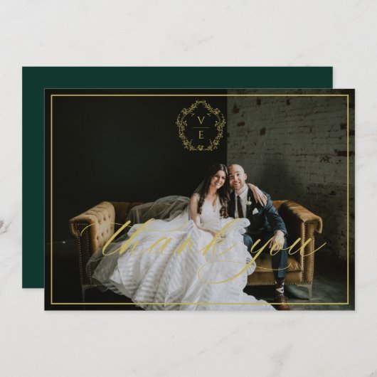  goudrust Monogram Weddenschap Foto Emerald Bedankkaart (Voorkant / Achterkant)
