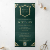  goudrust QR Code Emerald Green Wedding Drieluik Uitnodiging (Binnen)