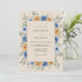 Goudsbloem Blauw Rustieke Botanische Bruiloft Kaart (Staand voorkant)