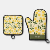 goudsbloem bloemen groen bladeren aangepaste naam ovenwant & pannenlap set (Voorkant)