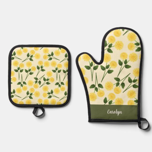 goudsbloem bloemen groen bladeren aangepaste naam ovenwant & pannenlap set (Voorkant)