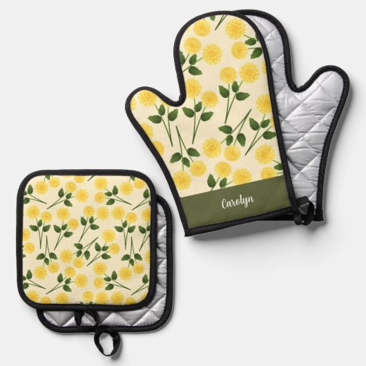 goudsbloem bloemen groen bladeren aangepaste naam ovenwant & pannenlap set (Voorkant / Achterkant)